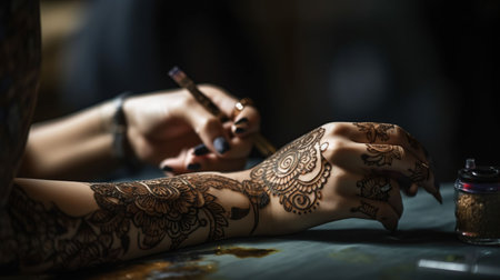 Mehndi master drawing henna tattoo on female hand in salon, generative aiの素材