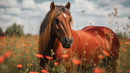 Wild red horse with long mane in flower field against sky, generative aiの素材
