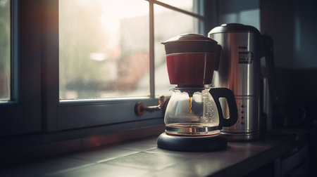 Geyser coffee maker on electric stove in kitchen near window, Generative aiの素材