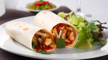Spicy mexican chicken fajita wraps on a white plate with side serving of spicy salsa, and fresh salad. Photo has short depth of field, generative aiの素材