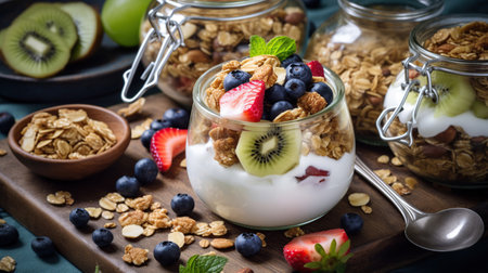 Homemade granola with nuts and raisins, kiwi, blueberries, banana, strawberries and plain yogurt. Top view, generative aiの素材
