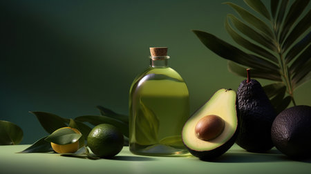 Composition with bottle of essential oil, avocado on color background, generative aiの素材