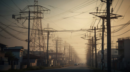 High power electricity poles in urban area connected to smart grid. Energy supply, distribution of energy, transmitting energy, energy transmission, high voltage supply concept, generative aiの素材