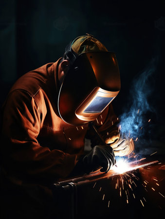 Welder welding metal, dark background with copper colored splashes and metal springs, generative aiの素材