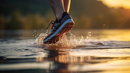 Sport runner feet running on sunset lake closeup on shoe, generative aiの素材