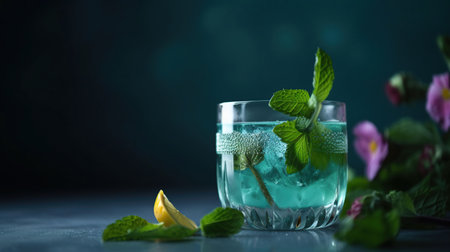 Fresh cocktail with mint leaves and flowers placed on surface against blue background, generative aiの素材