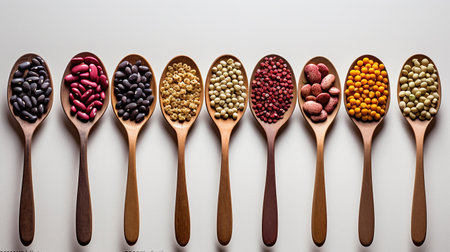 Spoons with different legumes on white background, generative aiの素材