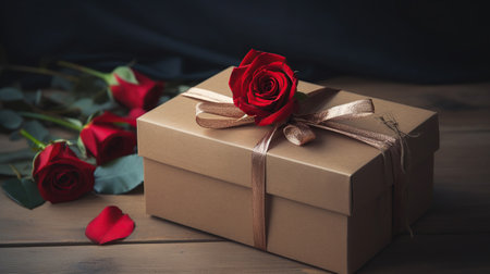Beautiful Kraft Gift box with red ribbon and rose, concept of Valentine's, anniversary, mother's day and birthday greeting, generative aiの素材