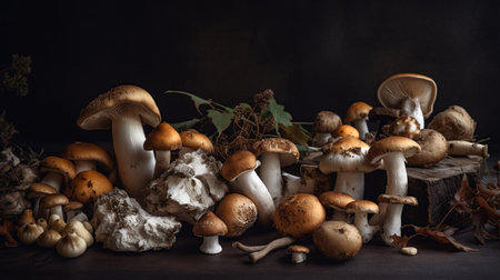 Variety of uncooked wild forest mushrooms. Generative aiの素材