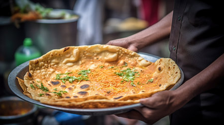 The favorite Indian street foods- whole wheat chapati or chapati with vegetable curry, generative aiの素材