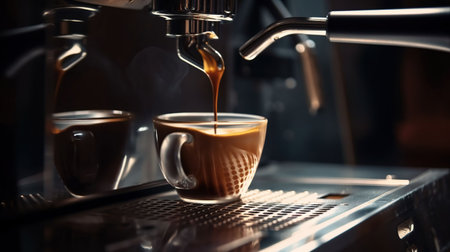 Professional coffee brewing. Close-up of espresso pouring from coffee machine, generative aiの素材