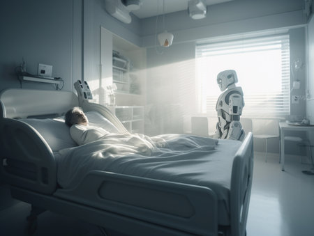 white and bright hospital room. a smiling middle-aged patient lying on a bed. there is a robot as a doctor. cinematic light, generative aiの素材