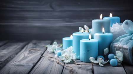 Spa still life in light blue color on wooden background, generative aiの素材