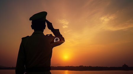 Silhouette of soldier saluting on a background of sunset or the sunrise. Greeting card for Independence day, Republic Day. India celebration, generative aiの素材