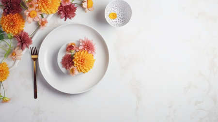 Beautiful table setting with floral decor on light background with space for text, top view, generative aiの素材