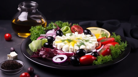 Salad with fresh vegetables olives tomatoes red onion greek cheese feta and olive oil isolated, generative aiの素材