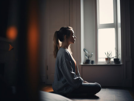 Young woman with good posture meditating at home, generative aiの素材