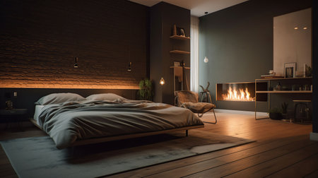 Interior of stylish bedroom with modern lamp, houseplants and fireplace in evening, generative aiの素材