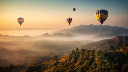 Colorful hot air balloons flying over mountain beautiful sky background, generative aiの素材