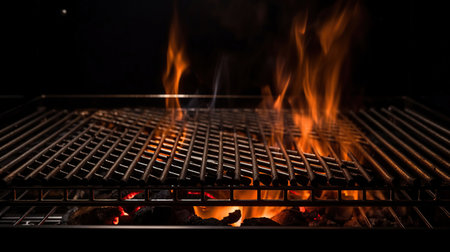 Barbecue Grill With Fire Flames - Empty Fire Grid On Black Background, , generative aiの素材