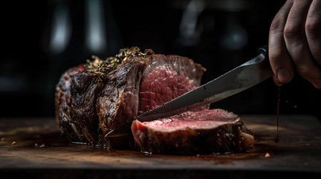 grilled steak with rosemary on a cutting board on a black backgroundの素材