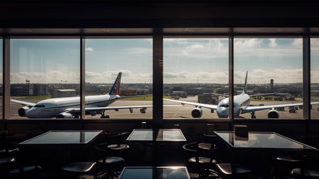 Airplane view from airport lounge in airport terminal, generative aiの素材