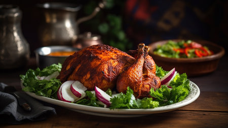 Homemade tandoori chicken served with salads, arabian spicy food concept, generative aiの素材