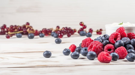 Healthy yogurt with fresh blueberries and raspberries. Banner with side border against a white wood background. generative aiの素材