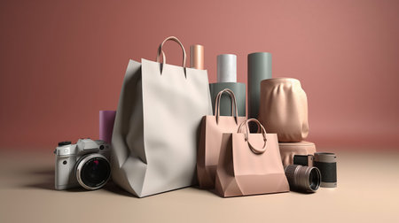 Shopping bags like electronics, shoes, cosmetics. Shopping business concept, internet ordering. Spending money. 3d rendering, 3d illustration, generative aiの素材