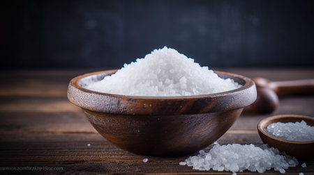 Natural Texture and Flavor: A Bowl of Sea Salt on a Colored Wooden Background, generative aiの素材