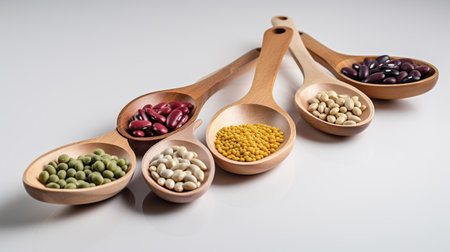 Spoons with different legumes on white background, generative aiの素材