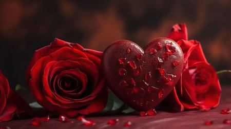 Beautiful Couple Of Red Roses In Heart Shape With Red Passion Background, generative aiの素材