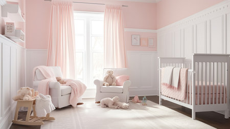 A cute and cozy nursery with light pink walls and white wainscoting, generative aiの素材