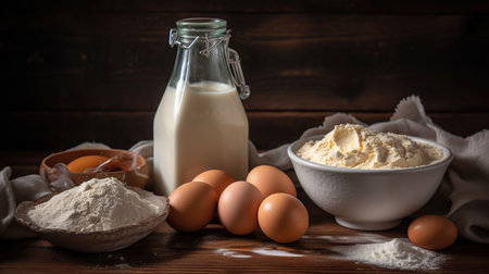 Fresh ingredients for dough, flour, milk, eggs, vegetable oil, generative aiの素材