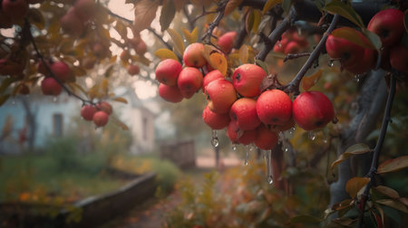 Autumn day. Rural garden. In the frame ripe red apples on a tree. It's raining Photographed garden, generative aiの素材