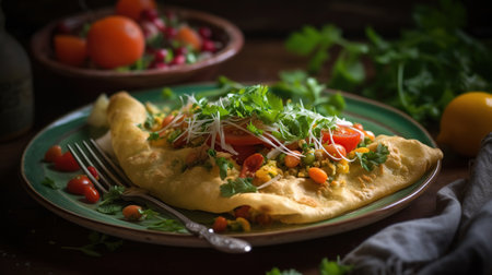 Indian chickpea crepes Pudla served on a plate with blur background, generative aiの素材