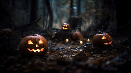Halloween pumpkins in the forest. Scary halloween background. Generative AIの素材