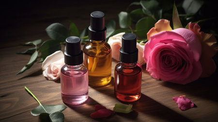 Nurturing the Senses - Aromatherapy with Bottles of Essential Rose Oil and Floral Arrangements on a Rustic Wooden Table, generative aiの素材