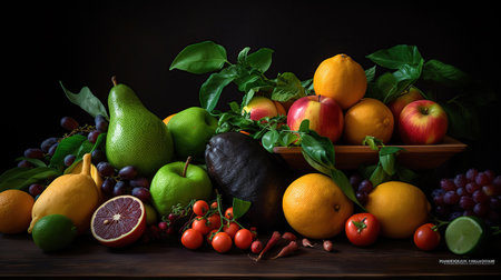 Fresh vegetables, fruits and seeds on black table, flat lay, generative aiの素材