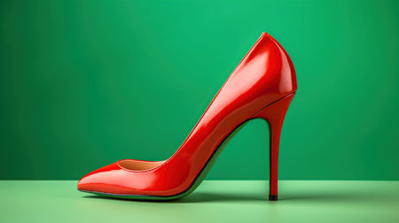Red high heels isolated on a bright green pastel background. Fashion concept, catwalk. A modern and fashionable shoe store, generative aiの素材