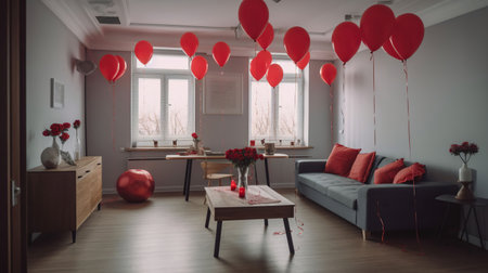 Interior of living room with sofa, tables and red balloons for Valentine's Day, generative aiの素材