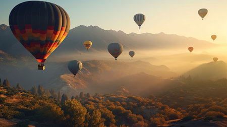 Colorful hot air balloons flying above high mountain at beautiful sunrise, generative aiの素材