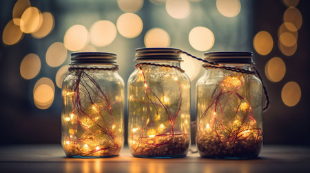 Abstract Christmas Card With Defocused Vintage Effects - String light With Trees In Glass Jars Decoration, generative aiの素材