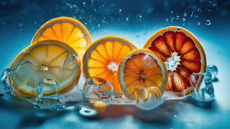 Fresh slices of citrus fruits frozen in ice, generative aiの素材