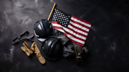 Helmet, helmet, gloves and american flag on black background. Generative AIの素材