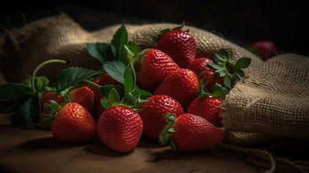 Strawberry on wood table with sack background, generative aiの素材