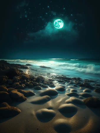 A beach covered in lots of Light Blue rocks under a night sky,the glowing quicksand flowing from the moon to the sea, generative aiの素材