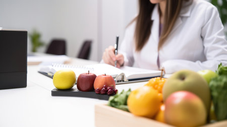 Nutritionist working at desk in office, closeup view, generative aiの素材
