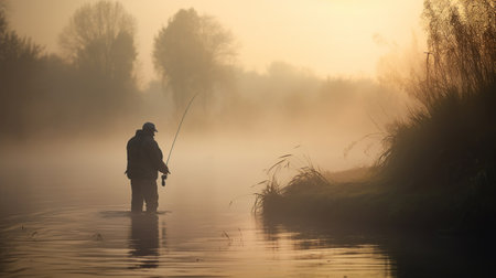 Fisherman with rod, spinning reel on the river bank. Sunrise. Fog against the backdrop of lake. background Misty morning. wild nature. The concept of a rural getaway, generative aiの素材