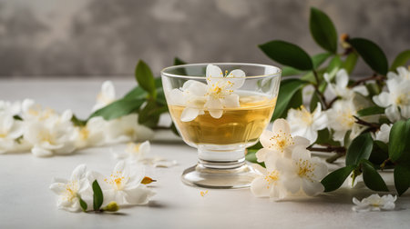 Composition with cup of jasmine tea and flowers on light background, generative aiの素材